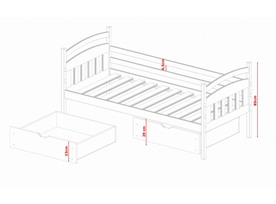 Detská posteľ z masívu borovice TARY so zásuvkami - 200x90 cm - prírodná