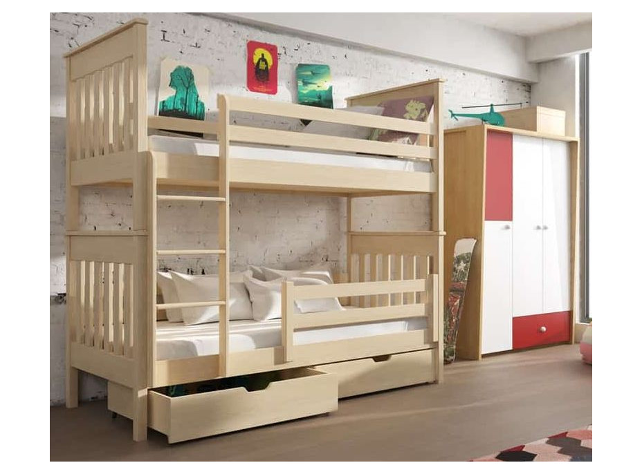 Detská poschodová posteľ z masívu borovice BORIS so zásuvkami 200x90 cm - prírodná