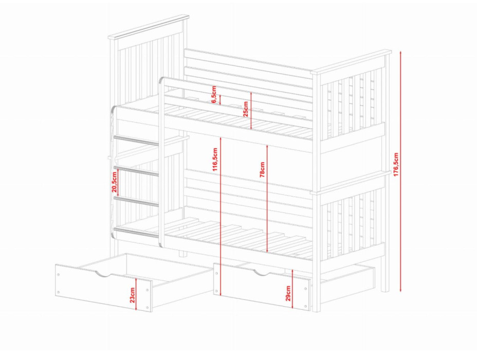 Detská poschodová posteľ z masívu borovice BORIS so zásuvkami 200x90 cm - prírodná