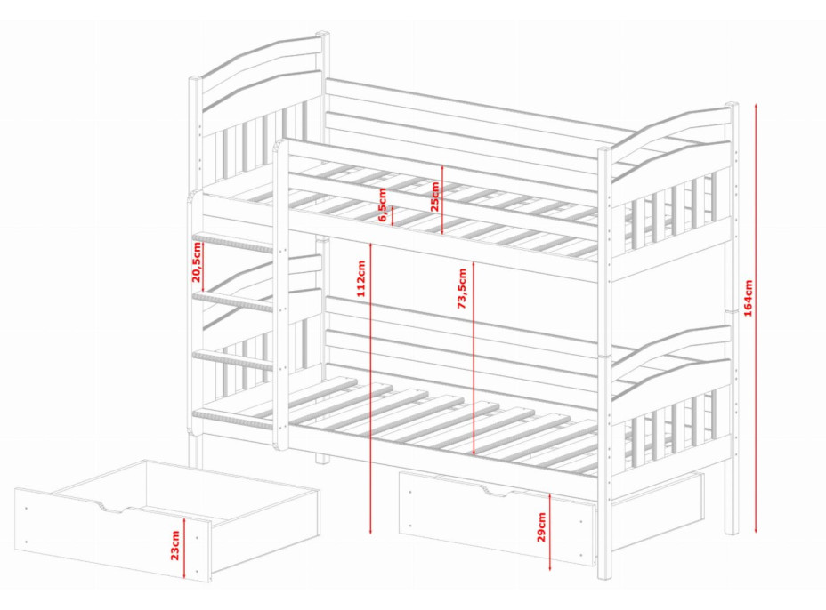 Detská poschodová posteľ z masívu borovice GABINA so zásuvkami 200x90 cm - prírodná