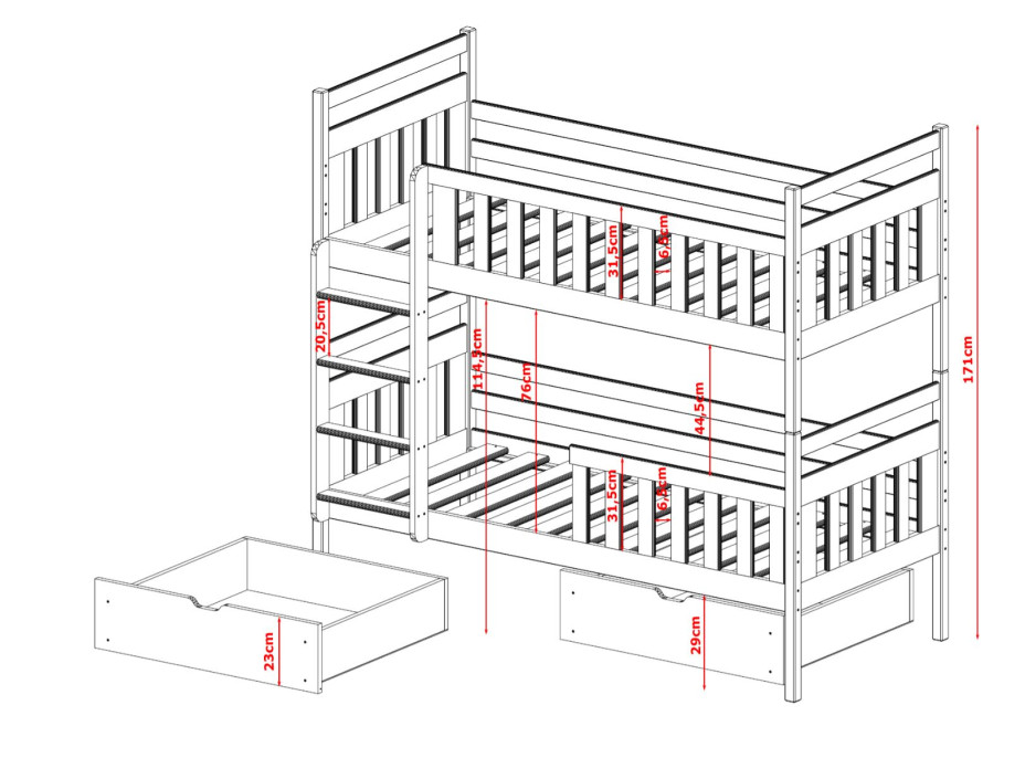 Detská poschodová posteľ z masívu borovice MARIE so zásuvkami 200x90 cm - prírodná