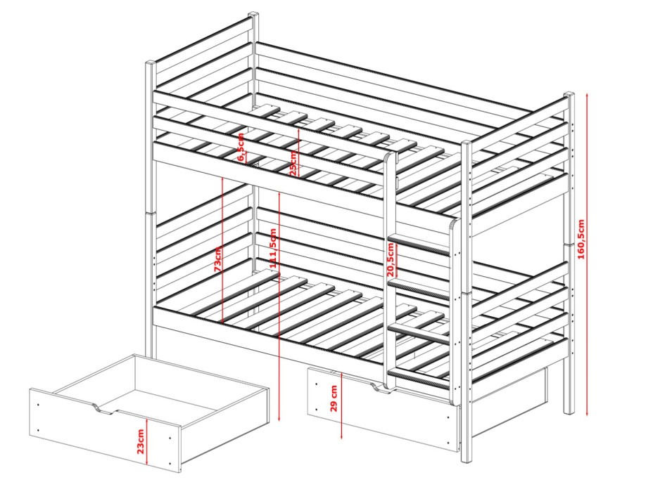 Detská poschodová posteľ z masívu borovice NINA so zásuvkami 200x90 cm - prírodná