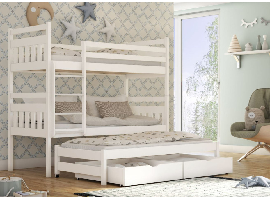 Detská poschodová posteľ z masívu borovice SEVERUS s prístelkou a šuplíky - 200x90 cm - prírodná