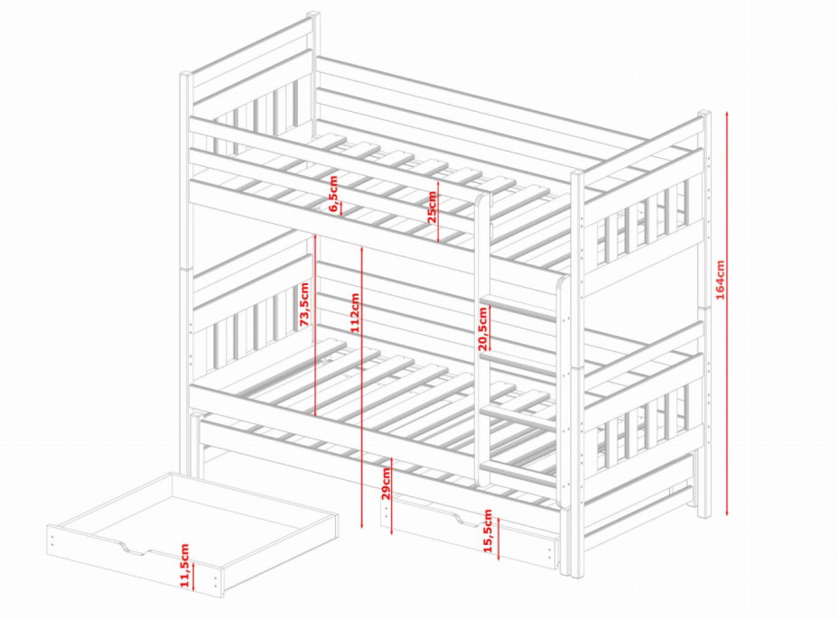 Detská poschodová posteľ z masívu borovice SEVERUS s prístelkou a šuplíky - 200x90 cm - prírodná