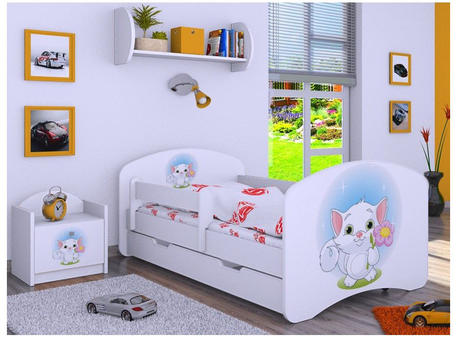 Detská posteľ so zásuvkou 160x80cm MAČIČKA s kytičkou - biela