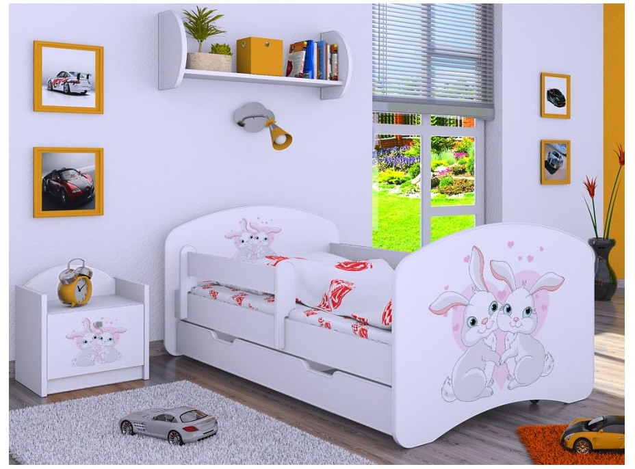 Detská posteľ so zásuvkou 180x90cm zajačikovia - biela