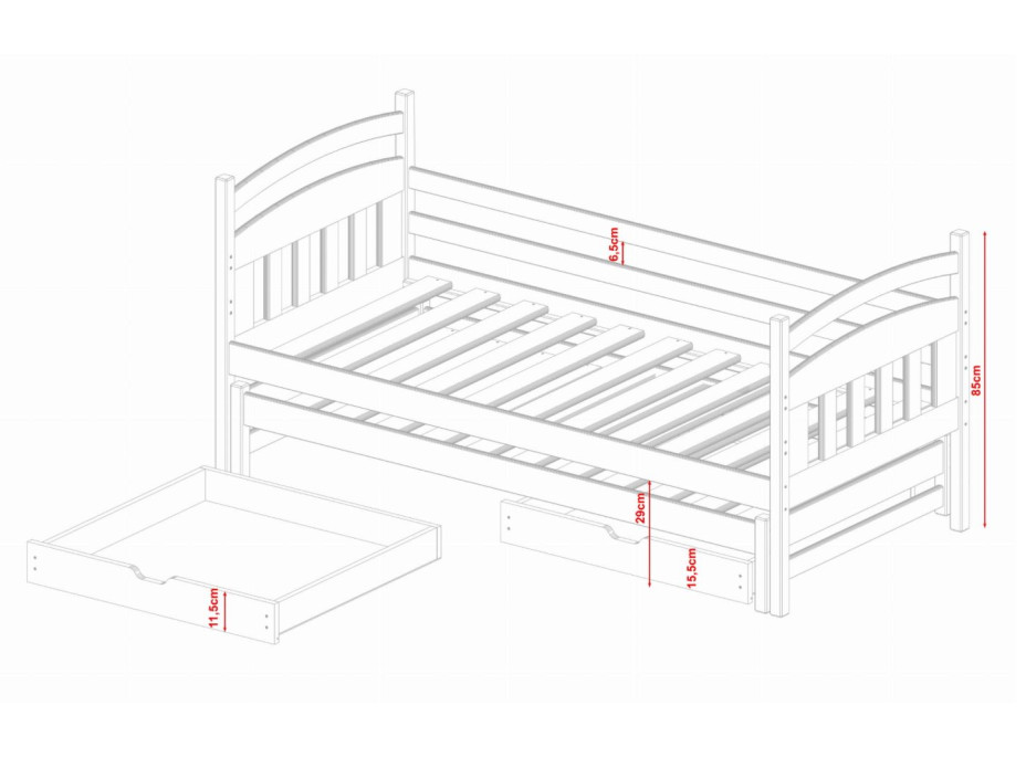 Detská posteľ z masívu borovice GABRIEL s prístelkou a šuplíky - 200x90 cm - prírodná