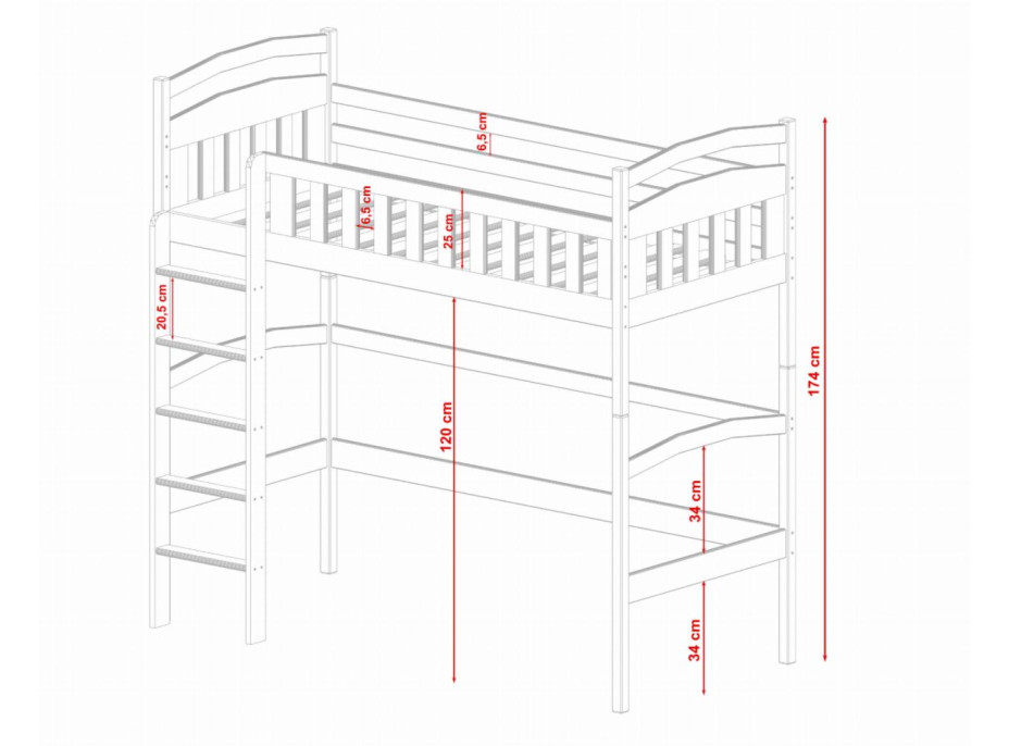 Detská vyvýšená posteľ z masívu borovice MARIANA - 200x90 cm - biela