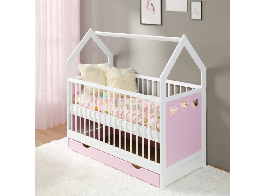 Detská Domčekové postieľka BLANKA so zásuvkou - 140x70 cm - biela / ružová