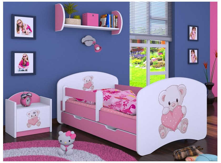 Detská posteľ so zásuvkou 160x80cm MACKO so srdiečkami - ružová