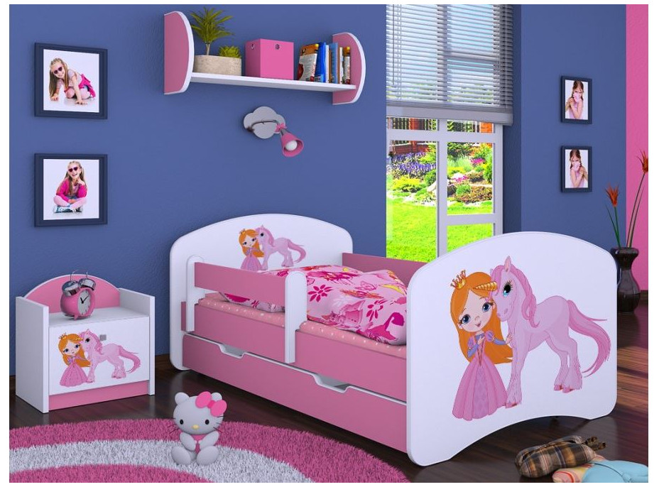 Detská posteľ so zásuvkou 180x90cm PRINCEZNA A Jednorožec - ružová