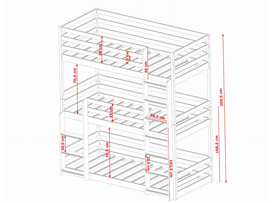 Detská trojposchodová posteľ TEDDY - 200x90 cm - prírodná
