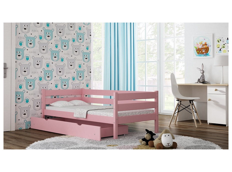 Detská posteľ z masívu KARAS 2 - 180x90 cm - sivá + odnímateľná zábrana + dve menšie zásuvky na kolieskach