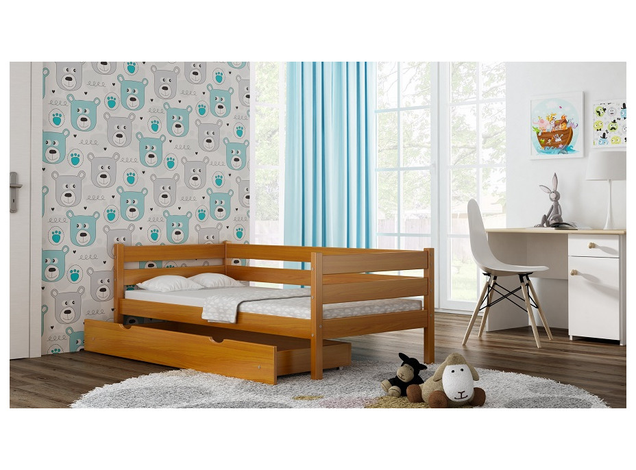 Detská posteľ z masívu KARAS 2 - 180x90 cm - sivá + odnímateľná zábrana + dve menšie zásuvky na kolieskach