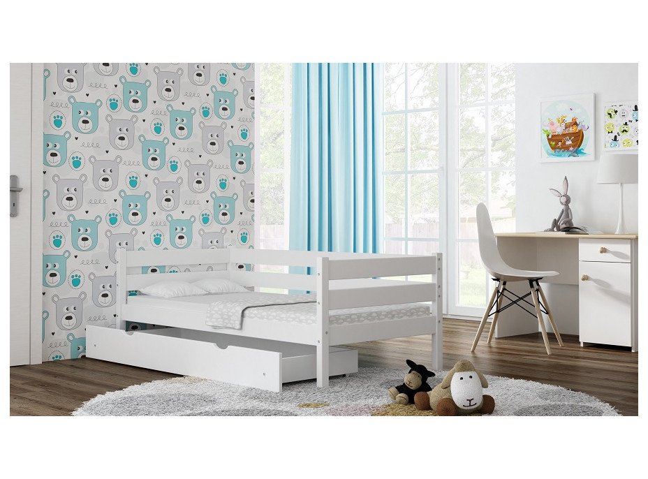 Detská posteľ z masívu KARAS 2 - 180x90 cm - sivá + odnímateľná zábrana + dve menšie zásuvky na kolieskach