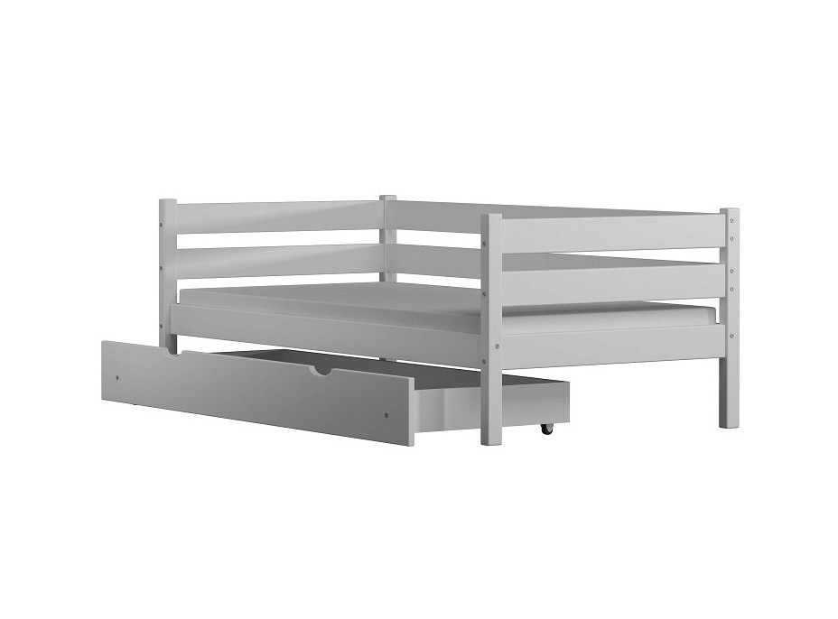Detská posteľ z masívu KARAS 2 - 180x90 cm - sivá + odnímateľná zábrana + dve menšie zásuvky na kolieskach