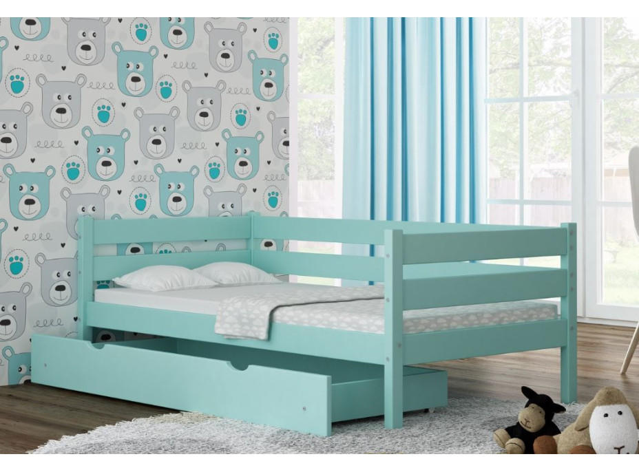 Detská posteľ z masívu KARAS 2 - 180x90 cm - sivá + odnímateľná zábrana + dve menšie zásuvky na kolieskach