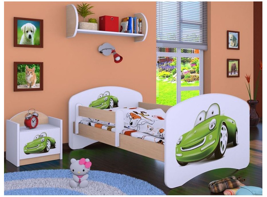 Detská posteľ bez šuplíku 180x90cm ZELENÉ AUTO - svetlá hruška