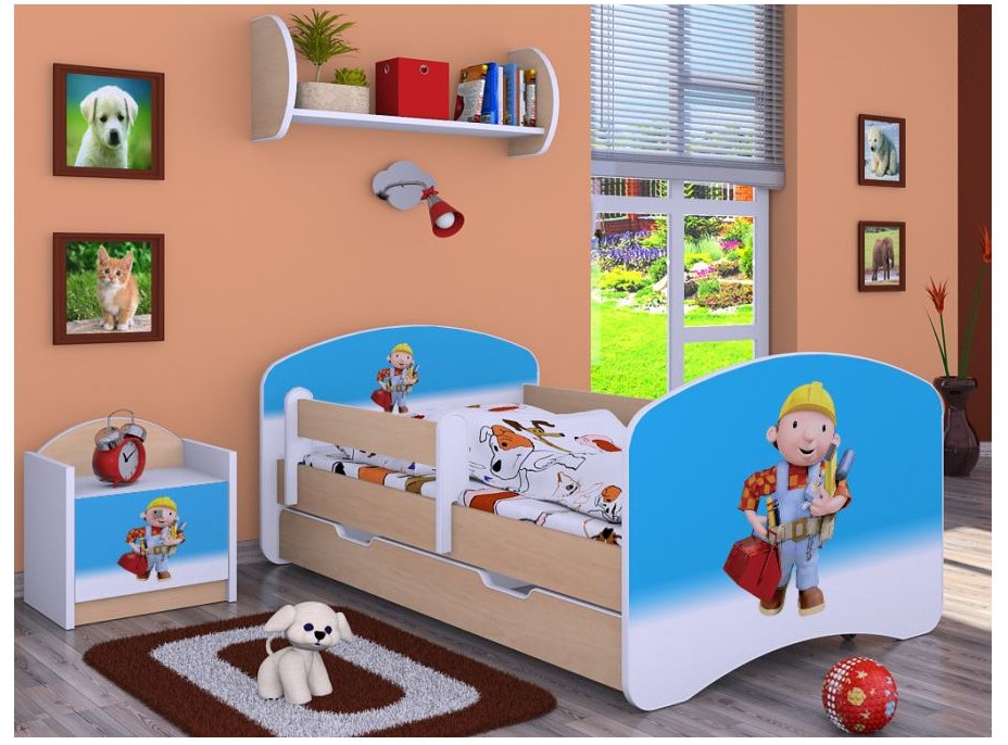 Detská posteľ so zásuvkou 180x90cm BOŘEK STAVITEL - svetlá hruška
