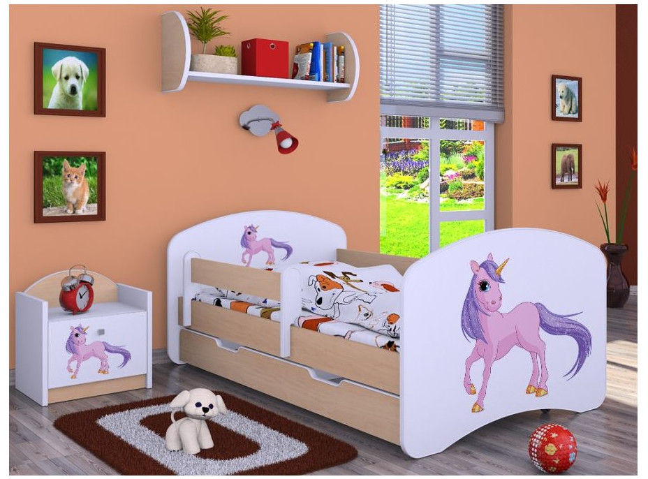 Detská posteľ so zásuvkou 180x90cm Jednorožec - svetlá hruška