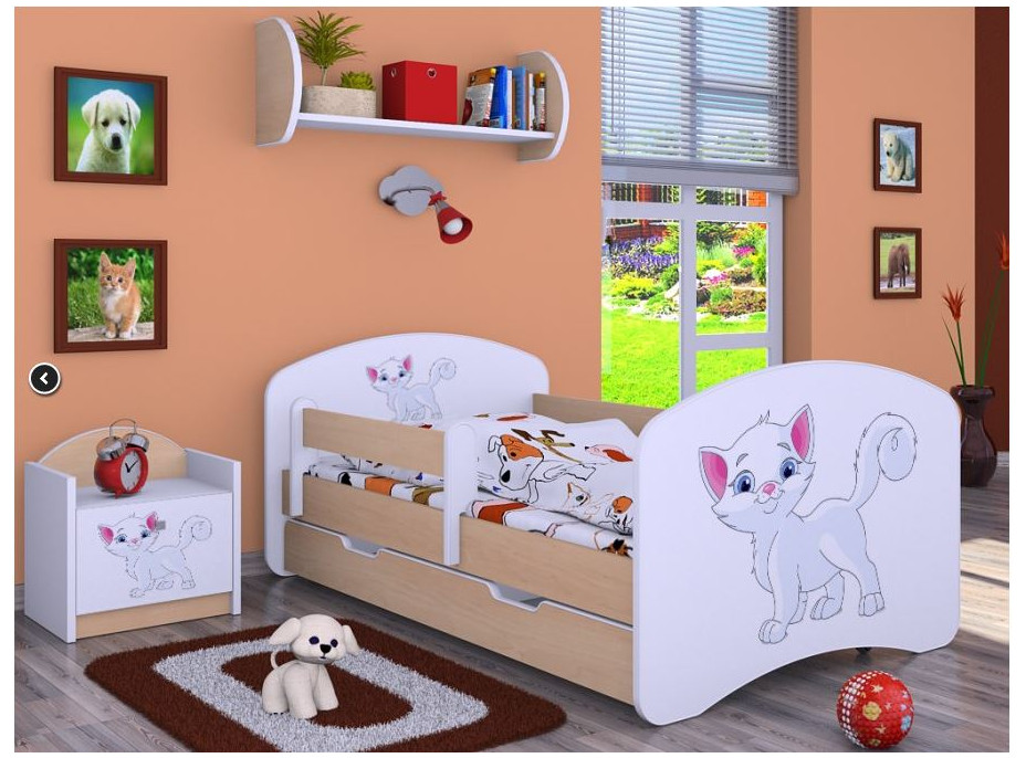 Detská posteľ so zásuvkou 180x90cm MAČIČKA - svetlá hruška