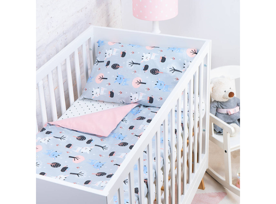 Detské bavlnené obliečky do postieľky 120x90 cm BABY - Zvieratká v lese / púdrová ružová