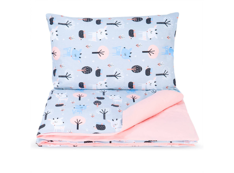 Detské bavlnené obliečky do postieľky 120x90 cm BABY - Zvieratká v lese / púdrová ružová