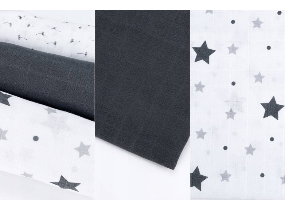 Detské mušelínové plienky BABY 70x80 cm - sada 3 ks - Tmavo šedé hviezdičky