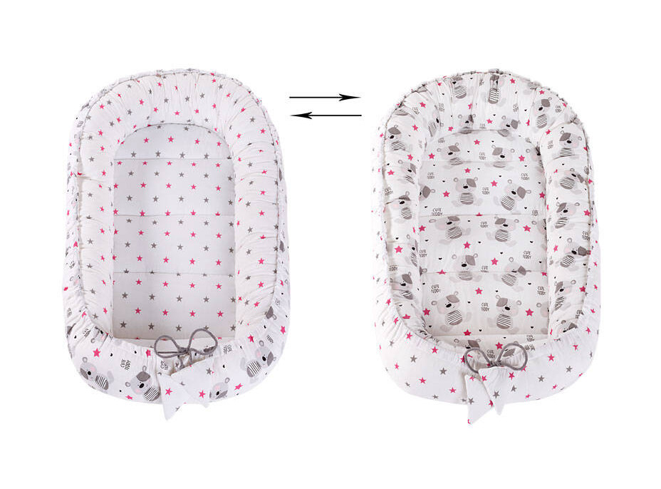 Obojstranné hniezdočko (kokon) pre bábätko - BABY set 6v1 - Medvedík malina s ružovou Minky