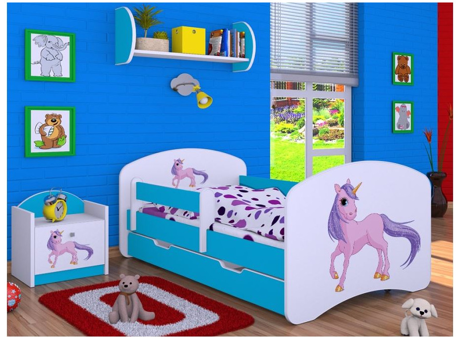 Detská posteľ so zásuvkou 180x90cm Jednorožec - modrá
