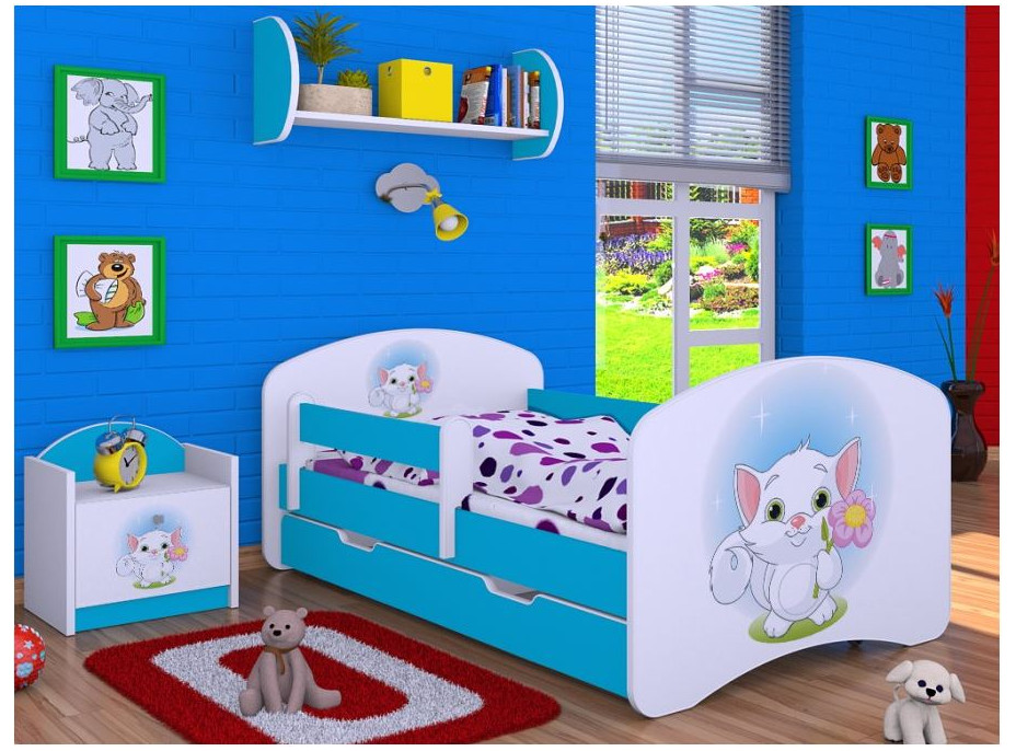 Detská posteľ so zásuvkou 180x90cm MAČIČKA s kytičkou - modrá