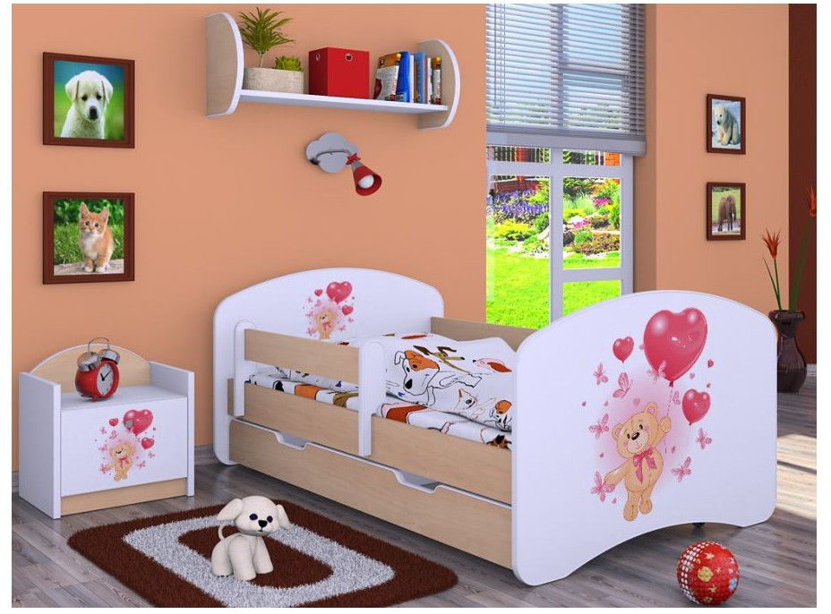 Detská posteľ so zásuvkou 160x80cm MACKO S BALONKY - svetlá hruška