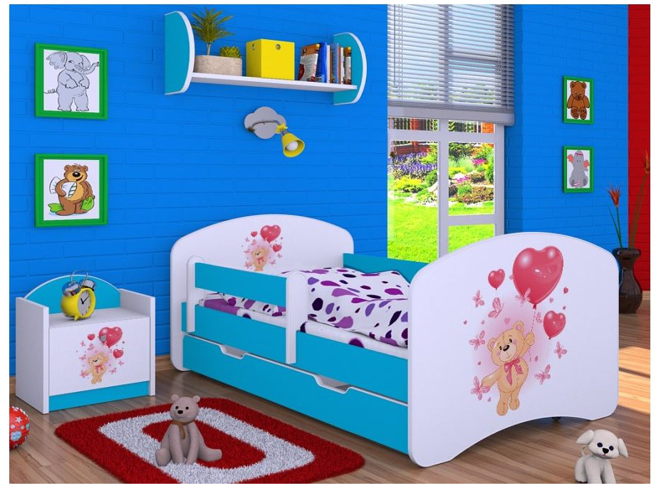 Detská posteľ so zásuvkou 180x90cm MACKO S BALONKY - modrá