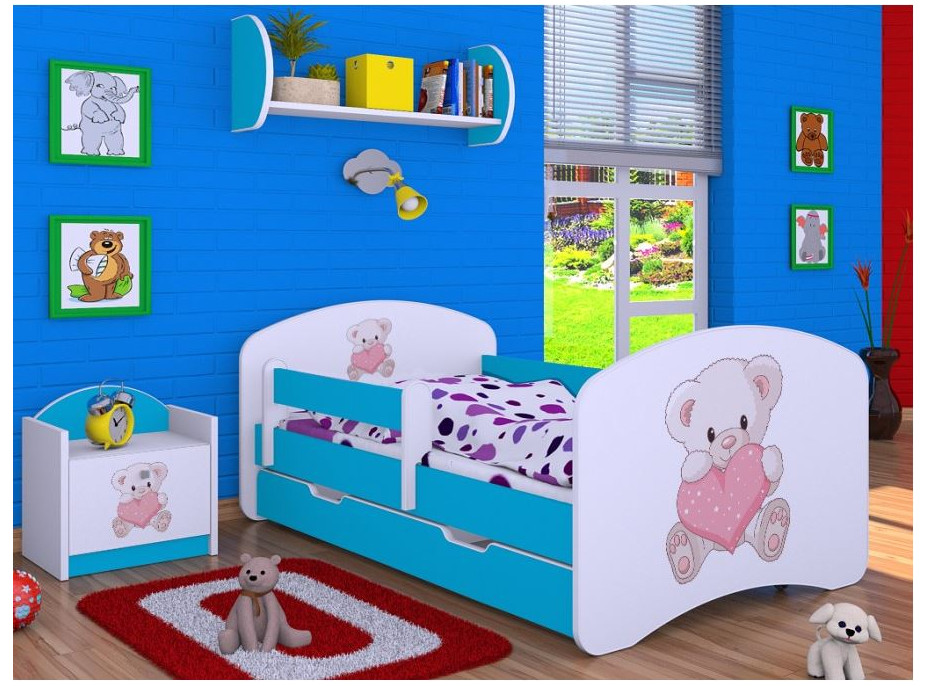 Detská posteľ so zásuvkou 180x90cm MACKO so srdiečkami - modrá