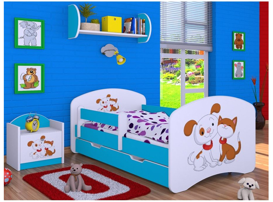 Detská posteľ so zásuvkou 180x90cm PSÍČEK A MAČIČKA - modrá