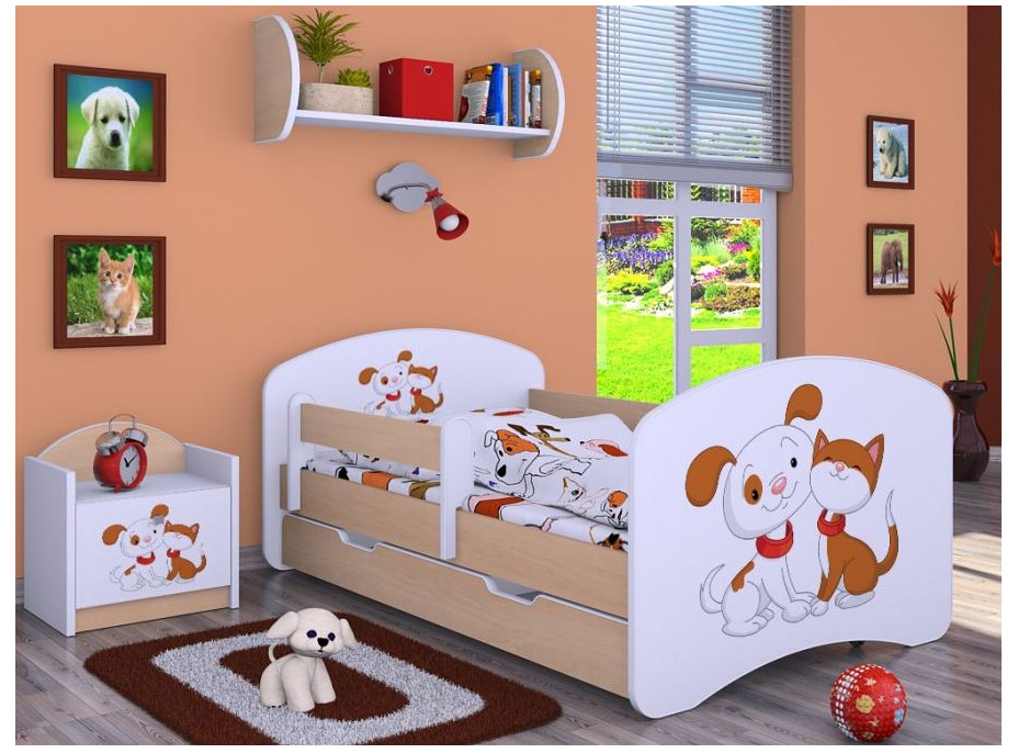 Detská posteľ so zásuvkou 180x90cm PSÍČEK A MAČIČKA - svetlá hruška