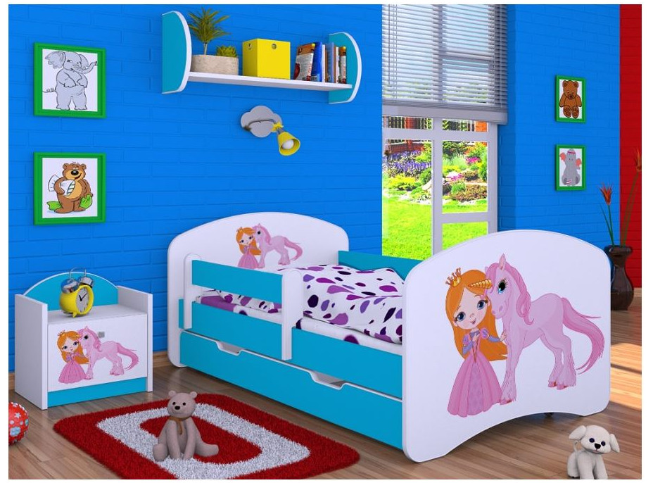 Detská posteľ so zásuvkou 160x80cm PRINCEZNA A Jednorožec - modrá