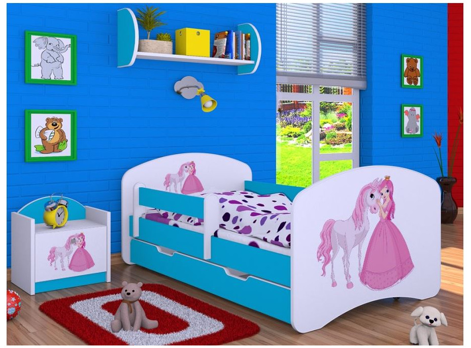 Detská posteľ so zásuvkou 180x90cm PRINCEZNA A KONÍK - modrá