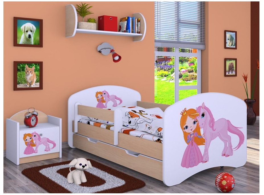 Detská posteľ so zásuvkou 180x90cm PRINCEZNA A Jednorožec - svetlá hruška