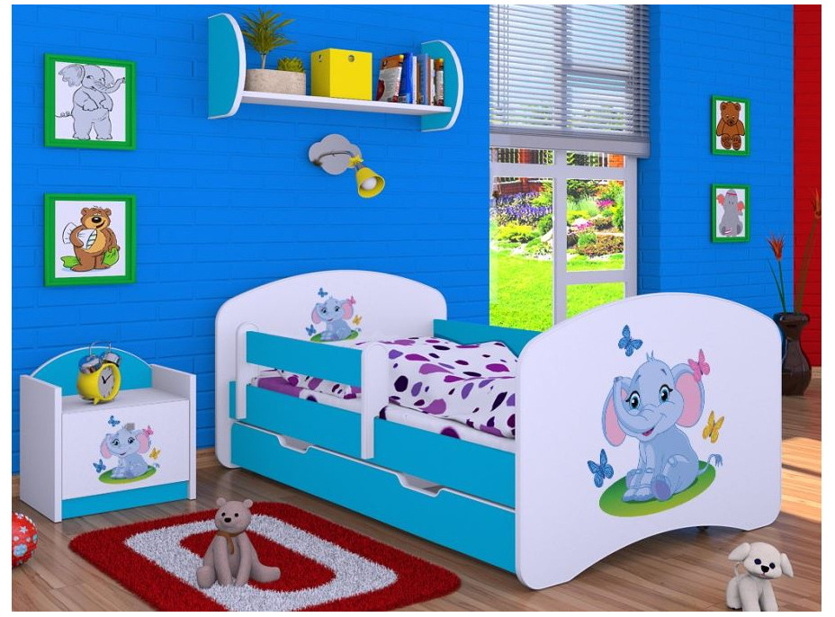 Detská posteľ so zásuvkou 180x90cm SLON A MOTÝLCI - modrá