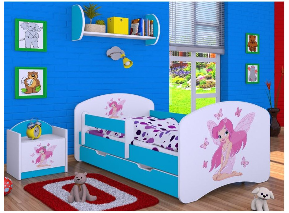 Detská posteľ so zásuvkou 180x90cm VÍLA A MOTÝLCI - modrá