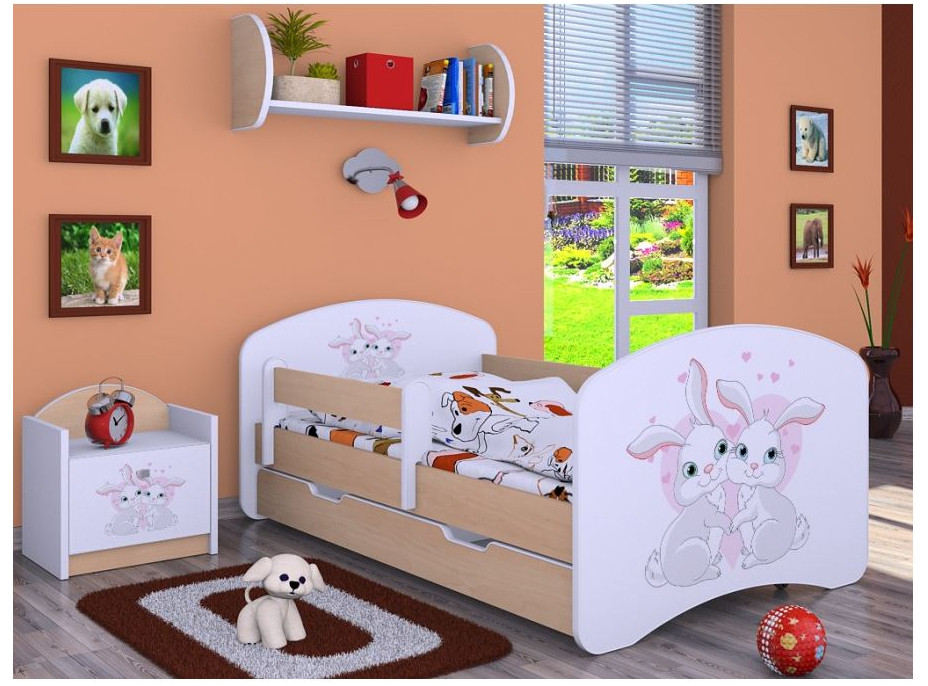 Detská posteľ so zásuvkou 180x90cm zajačikovia - svetlá hruška