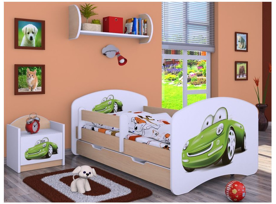 Detská posteľ so zásuvkou 180x90cm ZELENÉ AUTO - svetlá hruška