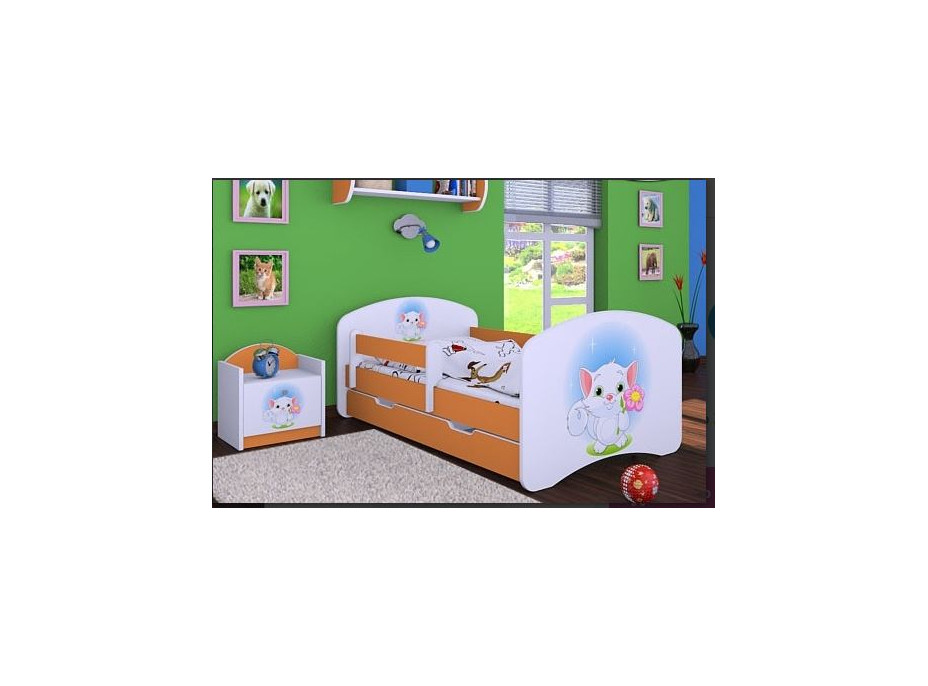 Detská posteľ so zásuvkou 180x90cm MAČIČKA s kytičkou - oranžová