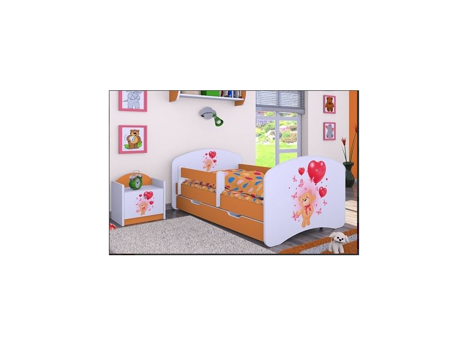 Detská posteľ so zásuvkou 180x90cm MACKO S BALONKY - oranžová