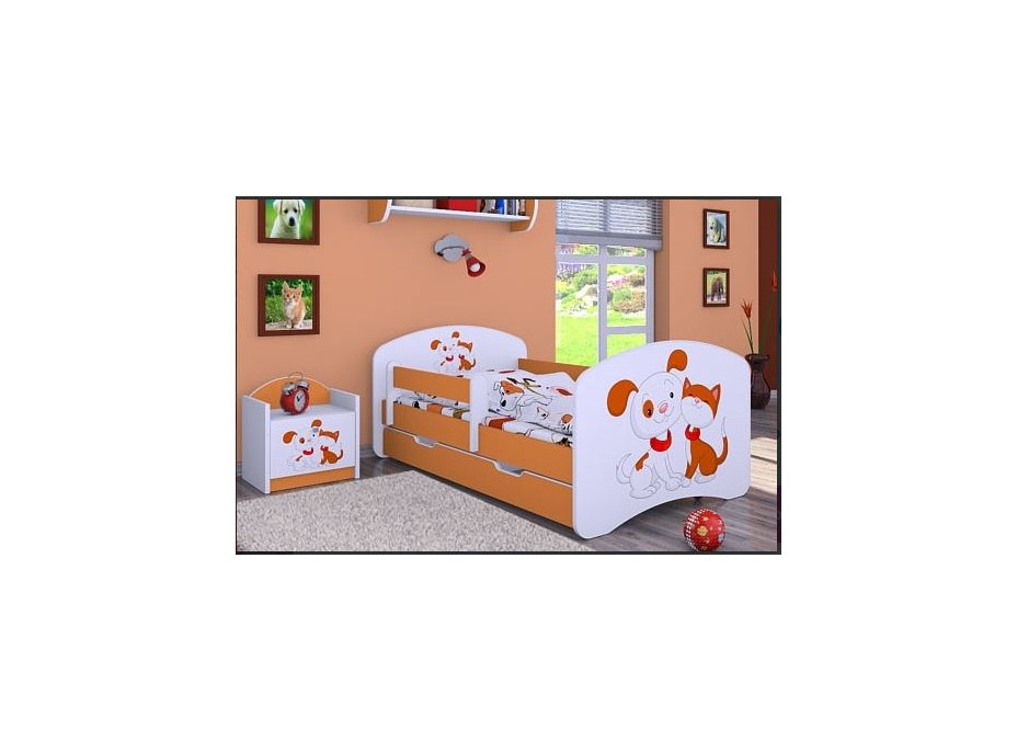 Detská posteľ so zásuvkou 180x90cm PSÍČEK A MAČIČKA - oranžová