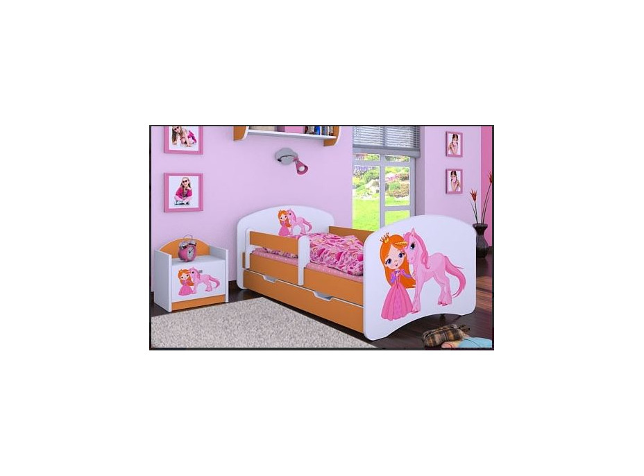 Detská posteľ so zásuvkou 180x90cm PRINCEZNA A Jednorožec - oranžová