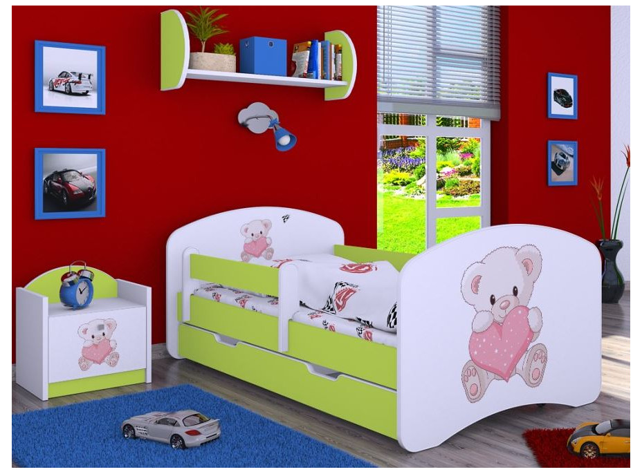 Detská posteľ so zásuvkou 180x90cm MACKO so srdiečkami - zelená