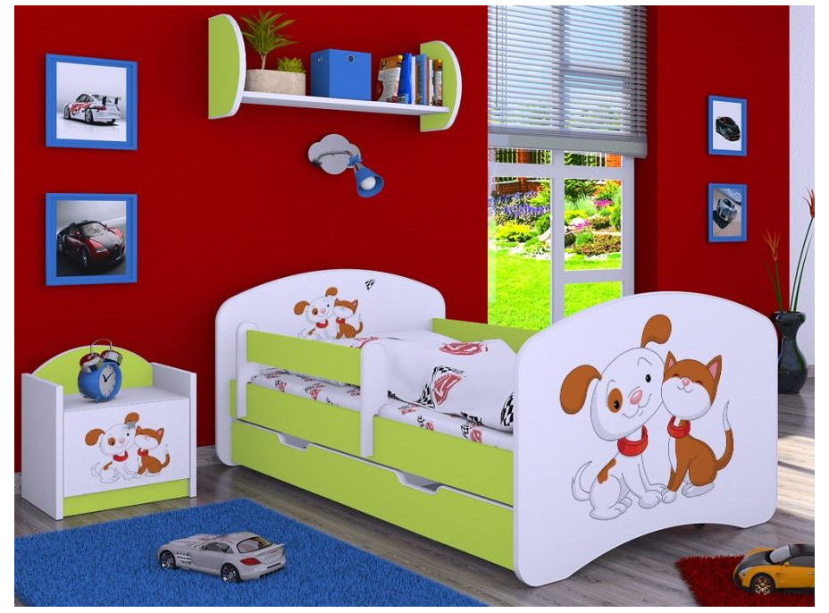 Detská posteľ so zásuvkou 160x80cm PSÍČEK A MAČIČKA - zelená