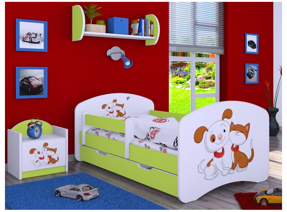 Detská posteľ so zásuvkou 180x90cm PSÍČEK A MAČIČKA - zelená
